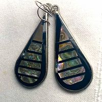 Front view of both earrings showing mother-of-pearl and black resin inlay