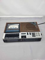 Top view showing GE clock radio cassette recorder with relaxation tape inserted