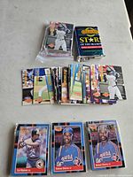 Front view showing stacked Church's Star of the Diamond packs, loose Donruss MVP cards, and three individual Topps cards at front