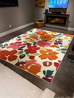 Full view of rectangular multicolor floral rug in room setting
