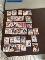 Top view of laid-out Score hockey cards highlighting key players