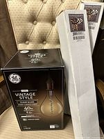 Retail box of GE Vintage Style LED bulb and two boxed floral lights