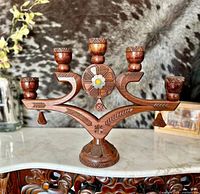 Full view of carved five-arm Latvian candelabra on base