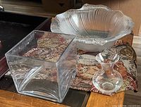 All three glass pieces grouped: frosted bowl, cube vase, bud vase