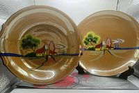 Front view of both peach lustre pieces showing hand-painted scenes