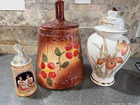 Group shot of cookie jar, ginger jar, and stein