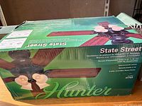 Box front showing Hunter State Street ceiling fan image and branding