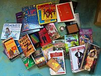Overhead view of entire spread of books on floor