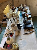 Overall table view of assorted decor items
