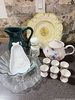 Group shot of all vintage dishware items