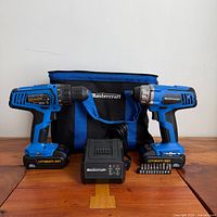 Full kit: drill, impact driver, charger, bit set, bag