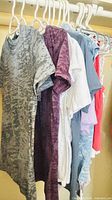 Row of five assorted short-sleeve shirts on hangers