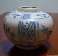 Front view of jarlet showing blue floral and geometric designs