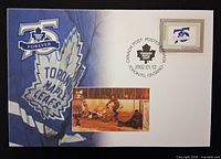 Front of first day cover showing stamp, cancel, Leafs graphics