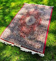 Full view of rug showing pattern, colors and fringe
