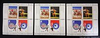 Front view of three Millennium Collection souvenir sheets showing block of four 46¢ stamps