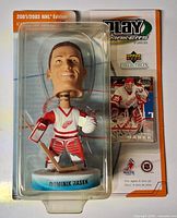 Front of sealed Dominik Hasek Play Makers bobblehead in original packaging