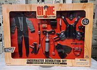 Front view of boxed G.I. Joe Underwater Demolition Set showing contents