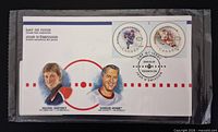 Front view of sealed pack showing cacheted envelope with Gretzky and Howe stamps and Toronto postmark