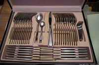 Open case displaying arranged cutlery pieces