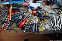 wide shot of mixed tools spread on table