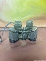 Full view of binoculars showing body, focus wheel, eyepieces and strap