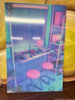 Front of glossy vaporwave art print showing neon interior scene