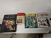 All four oversized hardcover books laid out side by side on table