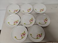 Group shot of eight saucers on table