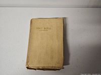 Front cover of tan faux-leather illustrated Bible showing title and wear