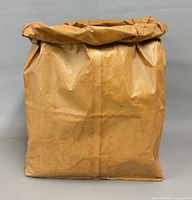 Front view of papier-mâché grocery bag sculpture