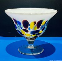 Side view of footed bowl showing mottled colours and clear foot