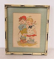 Full view of framed Hansel & Gretel watercolor with mat and bamboo-style frame
