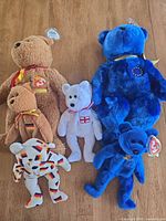 All six plush bears laid out showing colours, size differences and tags
