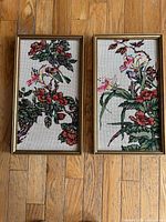 Front view of both framed needlepoints showing designs and frames
