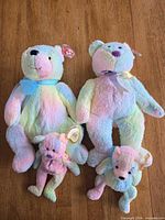 Front view of four pastel tie-dye Ty bears, two large, two small