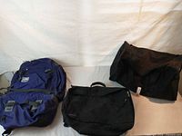 Three bags laid out: purple Serratus backpack, black MEC pack, black duffel