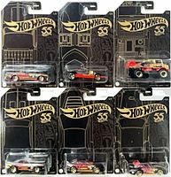 Front view of all six Hot Wheels 55th Anniversary blister packs