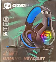 Front of sealed box showing Ozeino ZW1 headset image and RGB feature icons