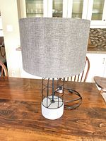 Full view of lamp showing shade, metal cage body, concrete base