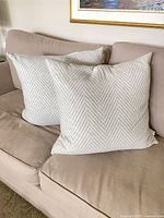 Two light gray and ivory chevron pillows on sofa