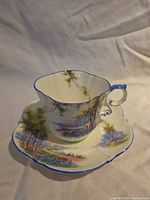 Teacup on saucer showing Bluebell Time landscape and blue trimmed scalloped edges