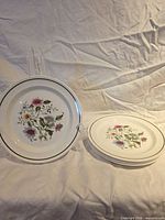 Stack of four Ridgway Springsong salad plates with one displayed upright on stand
