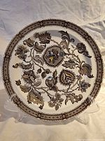 Front view of Ridgway Jacobean dinner plate on stand