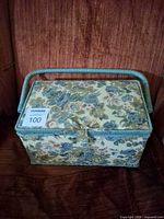 Closed floral sewing basket front view
