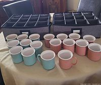 All mugs arranged by color in front of two storage cases showing compartment dividers