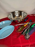 Overview of mixing bowl, platters and utensils