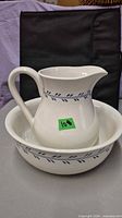 Pitcher standing in matching basin, frontal view showing blue border pattern