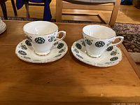 Two Sutherland cups on saucers showing overall style