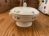 Overall view of covered bowl, lid on